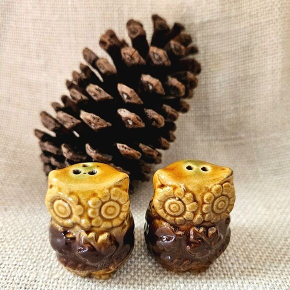 Vintage Two Toned Brown Ceramic Owl & Leaf Salt & Pepper Shakers - Picture 1 of 9